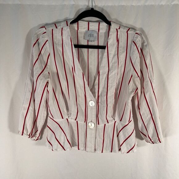 JOA Blouse Womens Medium White Red Striped Button Up Long Sleeve - Picture 1 of 8